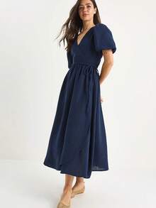 Váy suông dài tay phồng cổ chữ V ngắn buộc eo bên hông BIANCO LUCCI dành cho nữ - Màu xanh hải quân - Xem 3