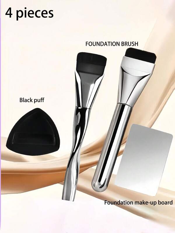 4pcs/Set Black Pineapple Makeup Sponge, Foundation Palette, Makeup Brushes (Flat Head, Angled), Face Mask, Concealer Brush