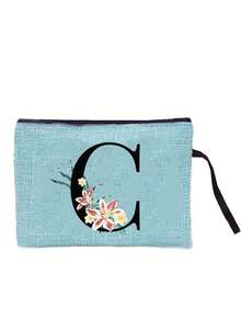 Sunflower & Daisy, Letter A-Z Print Blue Linen Tote Bag, Perfect Holiday Gift, Multifunctional Portable Handbag/Shoulder Bag, Fashion Minimalist Linen Bag, Large Capacity Storage Bag, Gift For Women, Teacher's Day Gift, Cosmetic Bag - Blue - View 48