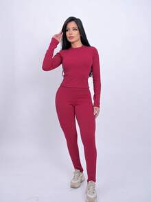 Ana Ruga Cropped Long Sleeve Simple None Beach Set - Rojo quemado - Ver 1