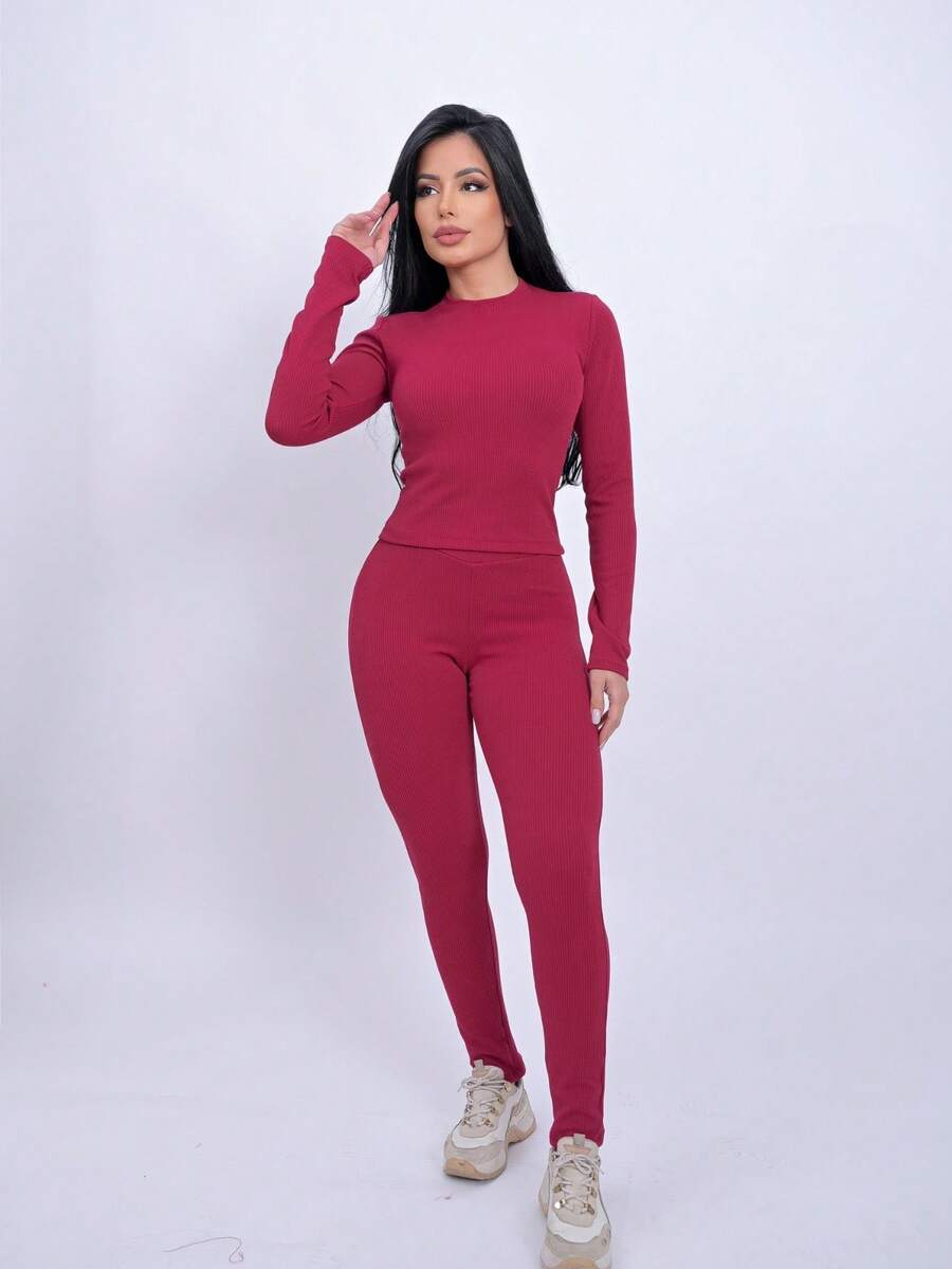 Ana Ruga Cropped Long Sleeve Simple None Beach Set - Rojo quemado - Ver 1
