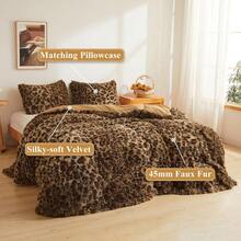 X Print Fluffy Faux Fur Duvet Cover Set, 3 Pieces Soft Plush Shaggy Fuzzy Bedding Set(1 Faux Fur Leopard Print Comforter Cover + 2 Furry Pillowcases), Zipper Closure(Queen, Brown) - Họa tiết da báo màu nâu - Xem 2