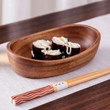 Japanese Sushi Tray Set: Walnut Wood Boat-Shaped Napkin Mat, Tea Towel Holder, Wood Bowl Plates, Salad Bowl, Hotel Supplies - Brown - View 4