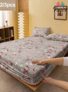 2/3 件套灰色植物花朵树枝花朵图案床笠套件（无填充物），卧室床笠套件，拉绒超细纤维透气舒适 1 件床笠 + 1/2 件枕套（无填充物），背面学校床上用品宿舍床上用品套件