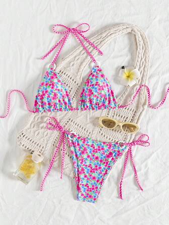 wohenmeili 女士彩色花卉吊带比基尼套装，露背十字交叉镂空设计，高弹力面料