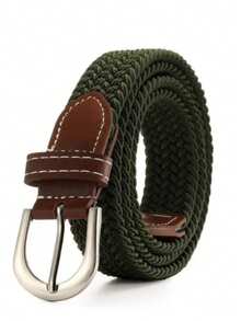 1 条男士编织弹性腰带，多种颜色，无扣，有弹性，时尚休闲，适合高尔夫和日常穿着 - 軍綠色 - 查看 1