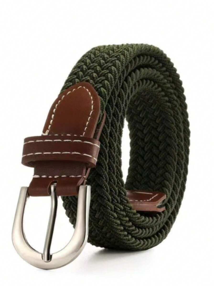 1 条男士编织弹性腰带，多种颜色，无扣，有弹性，时尚休闲，适合高尔夫和日常穿着 - 軍綠色 - 查看 1