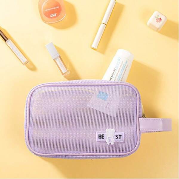 1pc Mesh Square Organizer Bag, Multifunctional Polyester Cosmetic Pouch For Office, Keys, Earphones, Lipstick, Hair Clips, Hair Ties, Outdoor Travel Zipper Storage, Cosmetics, Swimming & Bathing Supplies (Wrist Strap Not Included) - Casual Style, Portable, Hand Wash/Dry Clean, No Printing