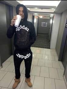 Men's Hip Hop Letter Printed Harajuku Retro Hoodie Long Sleeve Pants Set Joint Set For Men And Women 2PC - Black Suit - View 2