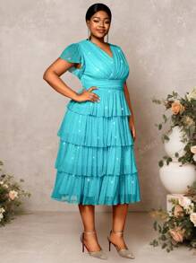 Women Cake Dresses Pleated V Neck High Waist Shiny With Lining Party Event Plus Size Ladies Gowns