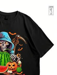 Men's casual T-shirt, one piece, 3 colors, 100% cotton, soft and comfortable, for leisure and sports, can be paired with men's shorts. Men's T-shirt, men's shirt, summer T-shirt, men's hoodie. Summer design with watermelon skull and pumpkins. - Negro - Ver 4