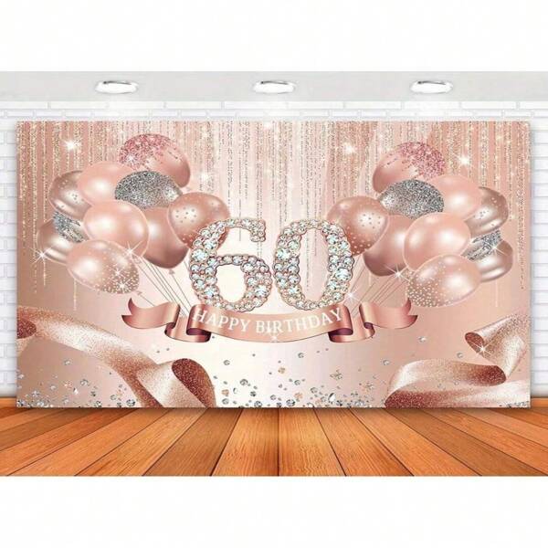 1pc,Rose Golden Happy 60th Birthday Backdrop Decorations For Women Pink Glitter Ribbon Balloons Dots Photography Background Shining Diamond Sixty Years Old Party Banner Photo Studio Props