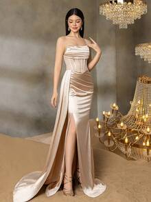 Alisa&Leo 优雅露肩青少年礼服，配有层叠侧边丝带和荷叶边紧身胸衣设计 - 非常适合舞会、毕业典礼、黑色领带晚会、婚礼招待会和豪华晚会