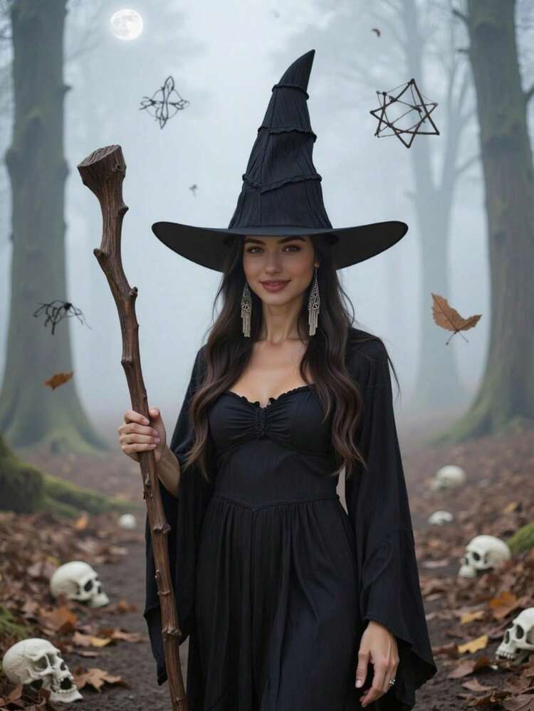 1pc New Pleated Black Witch Hat, Adult Halloween Wizard Costume Accessory - A - View 4