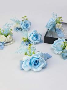 6pcs Set Pale Blue Anemone Flower & Blue Hydrangea Faux Plant Romantic Wrist Corsage Suitable For Groom, Bride, Bridesmaid, Father, Mother For Wedding, Engagement, Ceremony, Party, Ball