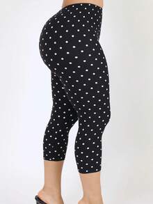 Women Dot Print Capri Pants, Elastic High Waist Cropped Leggings For Work, Yoga, Daily Wear - 黑色 - 查看 4