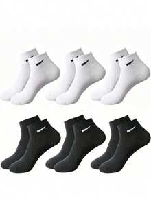 6 双/12 双男女通用黑白运动休闲中筒袜，时尚纯色百搭情侣袜，四季皆宜，秋季袜子 - 黑與白 - 查看 3