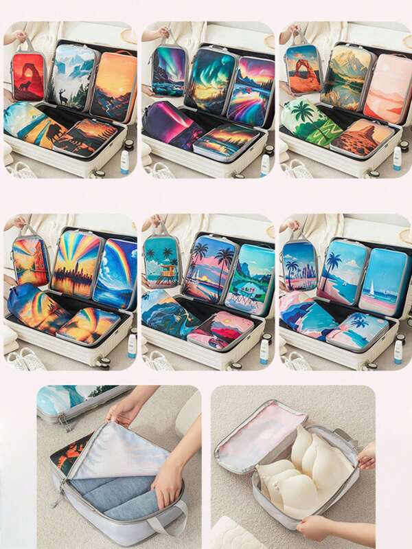 5 Pcs/Set Tropical Printed Compressed Lightweight Travel Clothing Storage Bag Suit, Space-Saving Travel Necessities Accessories