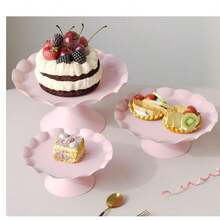 3Pcs Elegant Cake Stand Set - Wavy Edge Metal Cupcake Stands - Elegant Dessert Display, For For Wedding, Birthday Party Decor, Gold/White/Pink/Black - Hồng - Xem 5