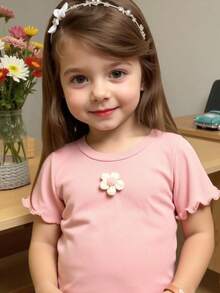 3pcs Young Girl Casual Ribbed Short Sleeve Floral Top And Colorful Ribbed Shorts Set - White - View 10
