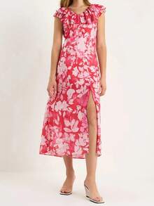 BIANCO LUCCI 夏季波西米亚风满花印花 V 领荷叶边开衩连衣裙 - 粉色 - 查看 1