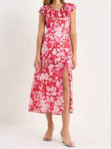 BIANCO LUCCI Zomer Boho Allover Bloemenprint V-hals Ruffle Trim Split Dij Jurk