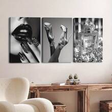 3pcs Wooden Framed Canvas, Fashion Women And Perfume Theme Posters, Fantasy Decorations, Frame Painting, Modern Art, Canvas, Perfect Gift For Friends And Family, Home, Room Mural, Office, For Living Room, Bedroom Wall Decor, HD, 8K, Odorless,