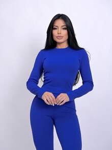 Ana Ruga Cropped Long Sleeve Simple None Beach Set - azul real - Ver 4