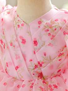 Baby Girls V-Neck Floral Organza Princess Dress, Suitable For 1st Birthday Party, Random Floral Fabric Cut