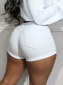 MUZZ Plus Size Summer Casual Women's Rolled-Up Distressed Stretchy Short Jeans, White Ripped Sexy Slim-Fit Denim Shorts - White - View 4