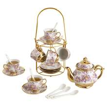 20-Piece Porcelain Tea Set With Metal Stand - Elegant European Floral Tea Cups & Saucers Set | Gold-Accented Fresh Green Ceramic Gift Set For Adults & Tea Parties - 紫色 - 查看 3