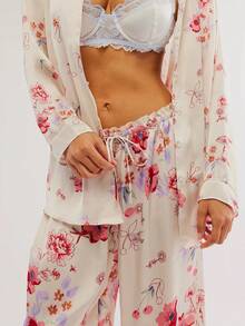 Womens Y2k Silk Pajame Sets Floral Print Long Sleeve Button Down Shirt Wide Leg Pants Satin Girly Western Pajames 2 Piece Loungewear - 白色 - 查看 3