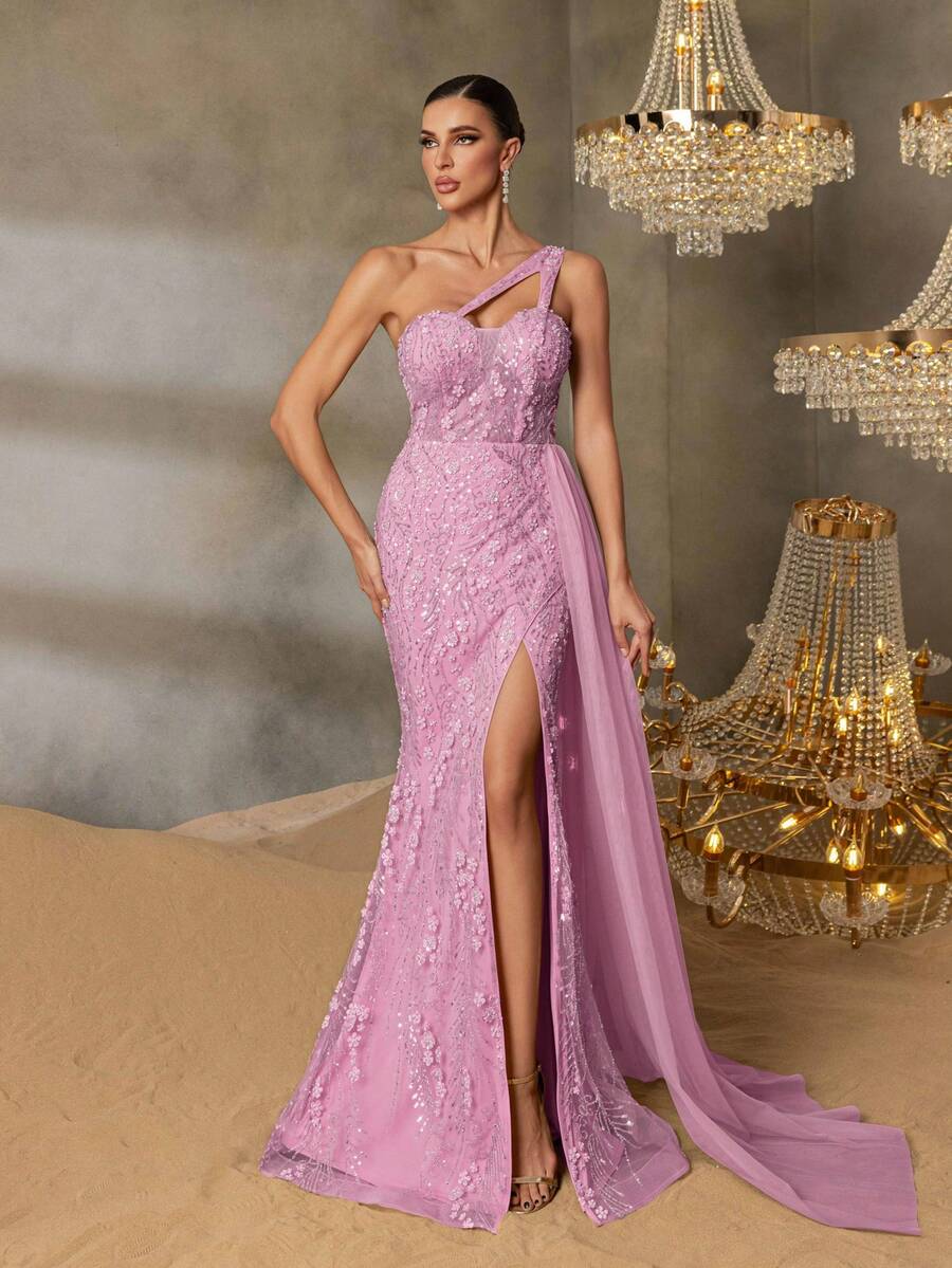 Faeriesty 优雅的单肩晚礼服，背部系带细节，引人注目的高开衩和飘逸的侧边飘带 - 亮片礼服，适合庆典活动、红毯仪式、婚宴、豪华宴会厅庆典、正式宴会