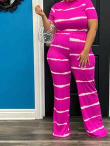 Plus Size Outfits For Women, Striped Round Neck Short Sleeve Tops Elastic Waist Pants 2 Piece Summer Set