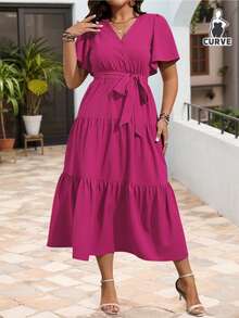 Vestidos Casuales de Talla Grande para Mujer, Vestidos de Cuello En V de Color Liso para Mujer, Mangas Sueltas con Volantes, Vestidos Casuales con Cintura Anudada, Adecuados para Fiestas Y Ropa Informal - Rosa Fucsia - Ver 2