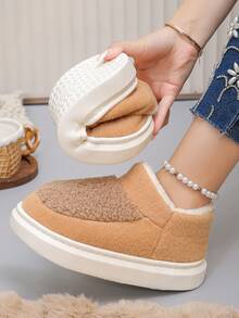 冬季新款高帮杏色仿毛拼接杏色毛绒拖鞋，户外日常保暖全跟家居拖鞋，尺码36-45，女士黑色室内拖鞋 - 杏色羊羔絨拼杏色 - 查看 3