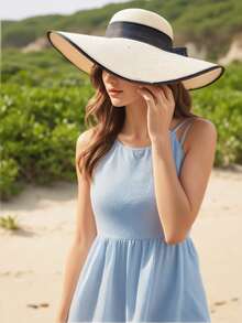 优雅波西米亚风格的女士一体式卡其色/米色草编太阳帽，适合夏季海滩，易于折叠，方便存放，非常适合复活节和户外场景 - 咖啡棕 - 查看 8