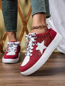Autumn/Winter Glitter Fashion Shiny Sequin Festive Red Shoes, Multi-Color Patchwork Casual Comfortable, Suitable For Daily Commute, Holiday Celebration, , Low-Top, Wedding, Women's Athletic Sneakers - Red and White - View 3