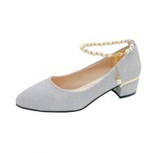 2025 New Women's Faux Pearl Decor Ankle Strap Glitter High Heels, Gold Pointed Toe Chunky Heel Pumps, Suitable For Outdoor Wedding, Party, Work, Palace Style