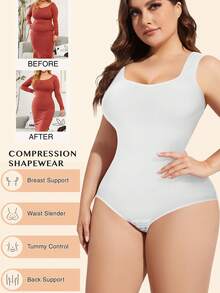 Women's Sculpting Shapewear Bodysuit Tummy Control Compression Waist Trainer Full Body Shaper Butt Lifter Wide Strap Tank Tops  Snatched Waist Square Neck Slimming Jumpsuit Plus Size - trắng - Xem 5