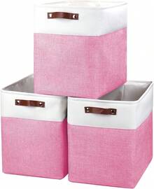Large Fabric Storage Baskets | 50L Storage Bins, Decorative Linen Closet Baskets With Handles For Organizing, Shelf, Toys, Clothes, Home, Office, Nursery, 17x12x15Inches (Pink&White),9252441 - 粉色 - 查看 1