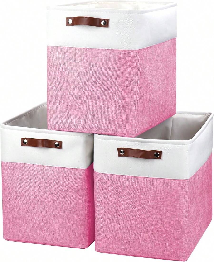 Large Fabric Storage Baskets | 50L Storage Bins, Decorative Linen Closet Baskets With Handles For Organizing, Shelf, Toys, Clothes, Home, Office, Nursery, 17x12x15Inches (Pink&White),9252441 - 粉色 - 查看 1