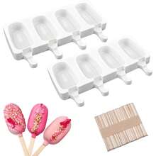 Sakolla 2pcs Silicone Ice Pop Mold, 4 Oval Mini Ice Pop Molds With 50 Wooden Sticks For Homemade Popsicles, Cake Pops And Ice Cream (White) - Multicolor - View 8