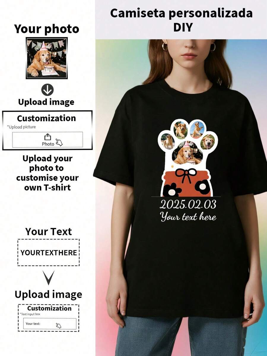 Customize Women's T-Shirts, Upload Your Favorite Chest Print Text, Pictures And Two Text Designs, DIY Personalized T-Shirt Gifts, Give To Family, Friends And Lovers. Iconic, Simple Clothing, Moderate Fashion, Minimalist Fashion, Casual Customization, Unique Treasures, Capsule Wardrobe, Basic Women's Style/Street Style, Ideal Birthday Gifts For Her, Family, Friends, Children, Festivals/Holidays/Party Gifts/Birthday Gifts, Unique Gifts, Thoughtful Gifts, 35% Cotton 65% Polyester, Daily Wear, Travel, Fitness - màu đen - Xem 1