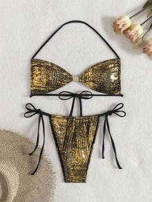 Women's Shimmering Gold Halter Bikini Set Knot Front Backless Top And Tie Side Thong Bottom High Stretch Swimwear - Gold - View 1