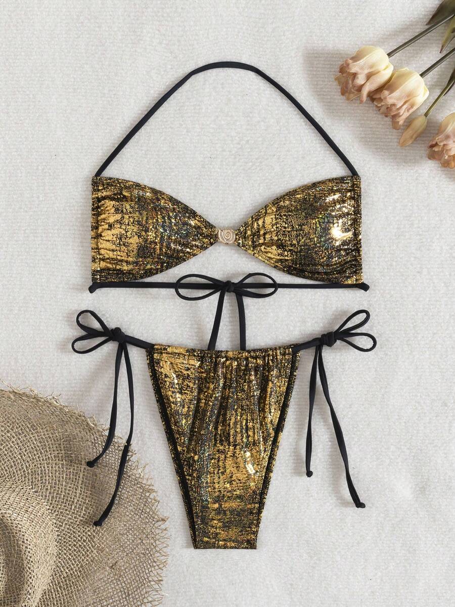 Women's Shimmering Gold Halter Bikini Set Knot Front Backless Top And Tie Side Thong Bottom High Stretch Swimwear - Gold - View 1