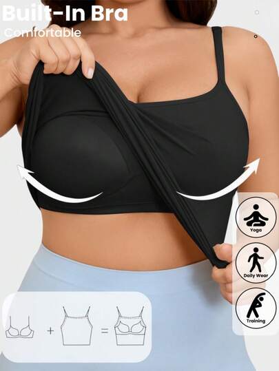 大码女式休闲条纹吊带背心，圆领设计，弹力针织面料，套头款式，带胸垫和罩杯衬里，适合所有季节，舒适百搭