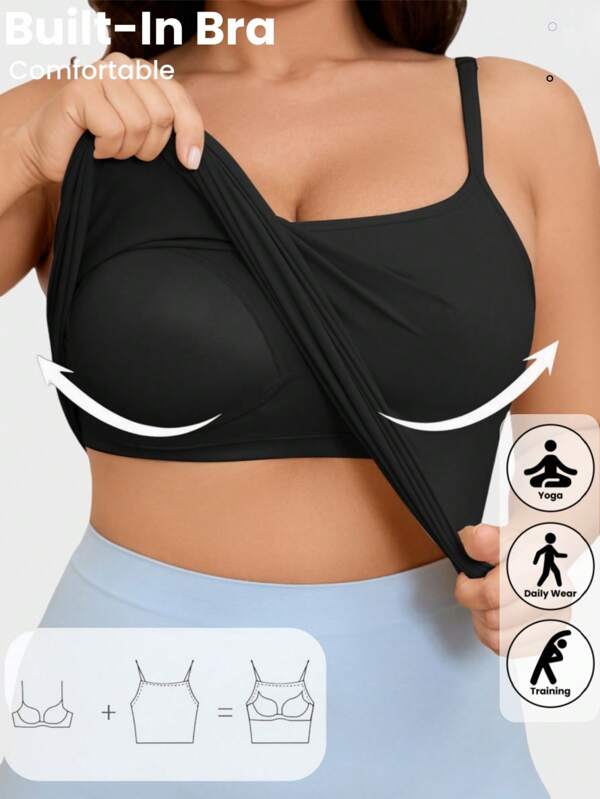 Top a canotta casual a righe, taglie forti, per donna, con scollo rotondo, alta elasticità, in tessuto lavorato a maglia, stile pullover, con brassière incorporata e imbottiture, comfort per tutte le stagioni