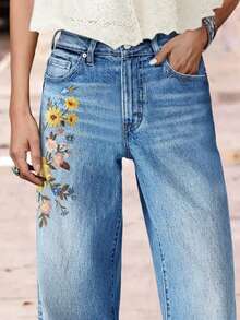 Women's Washed Blue Fashion Embroidered Print Micro-Elastic Slim Straight-Tight Casual Jeans  Leaf  Floral    Pocket  Zipper  Button    Daily - Rửa nhẹ - Xem 2