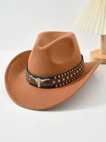 1pc Unisex Retro Western Cowboy Hat With Bull Trim For Everyday Casual Wear, Western Cowboy Parties.